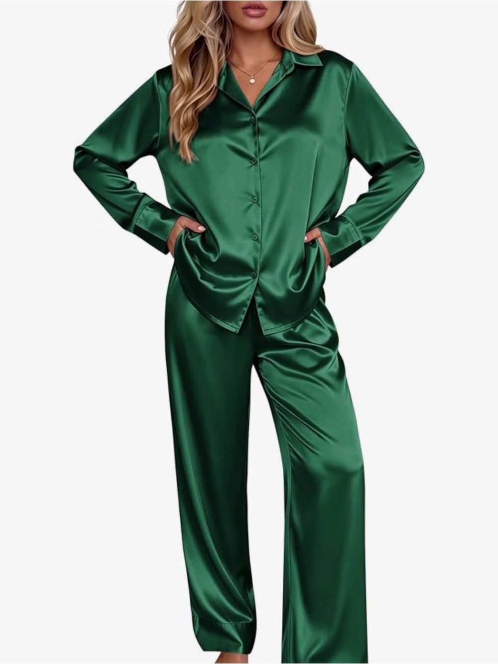 Green Satin Long Sleeve Pajama Set
